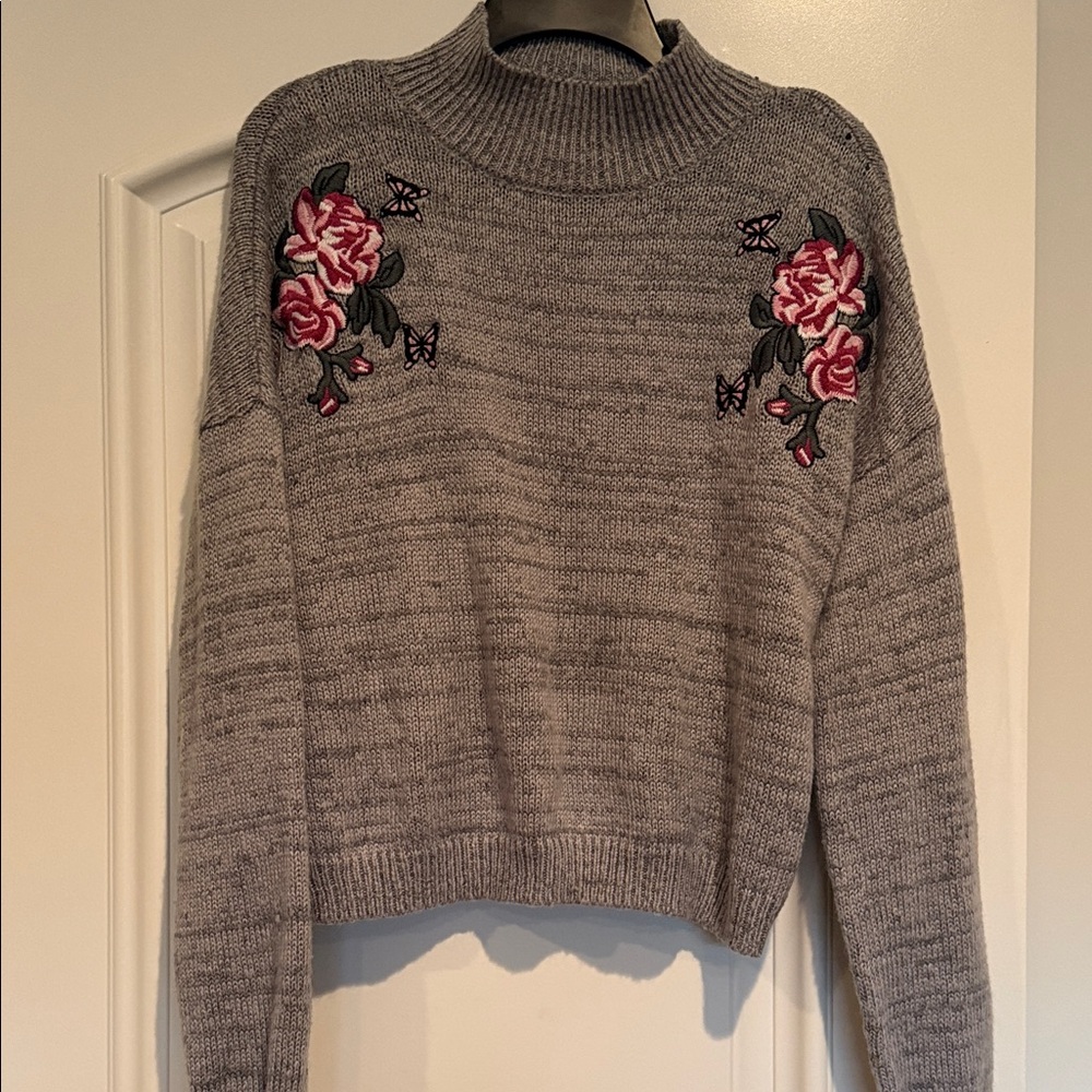 Cloud Chaser Gray Sweater with Pink Floral Embroidery
